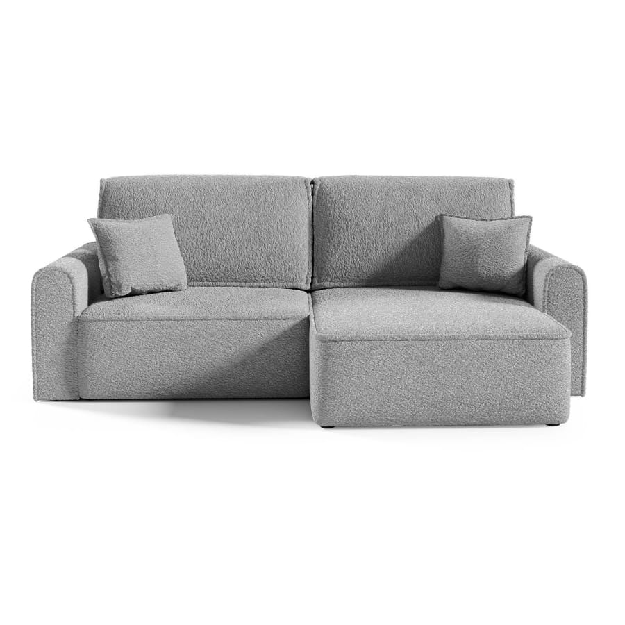 Canap&eacute; d'angle convertible et r&eacute;versible avec coffre effet peau de mouton gris clair